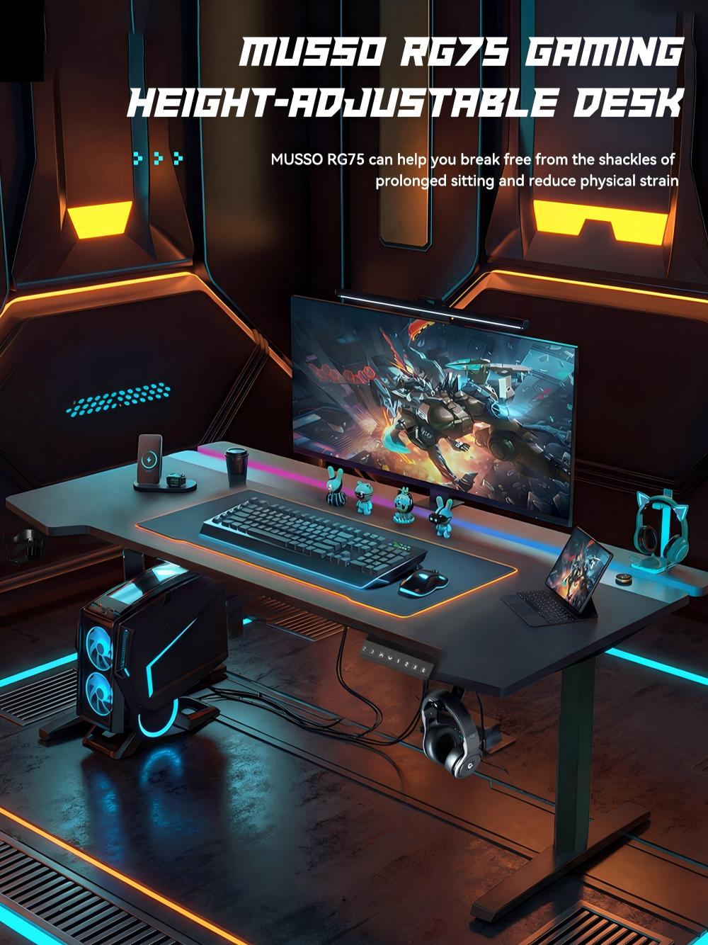 MUSSO RG75 Split Electric Height-Adjustable Gaming Desk, Carbon Fiber ...