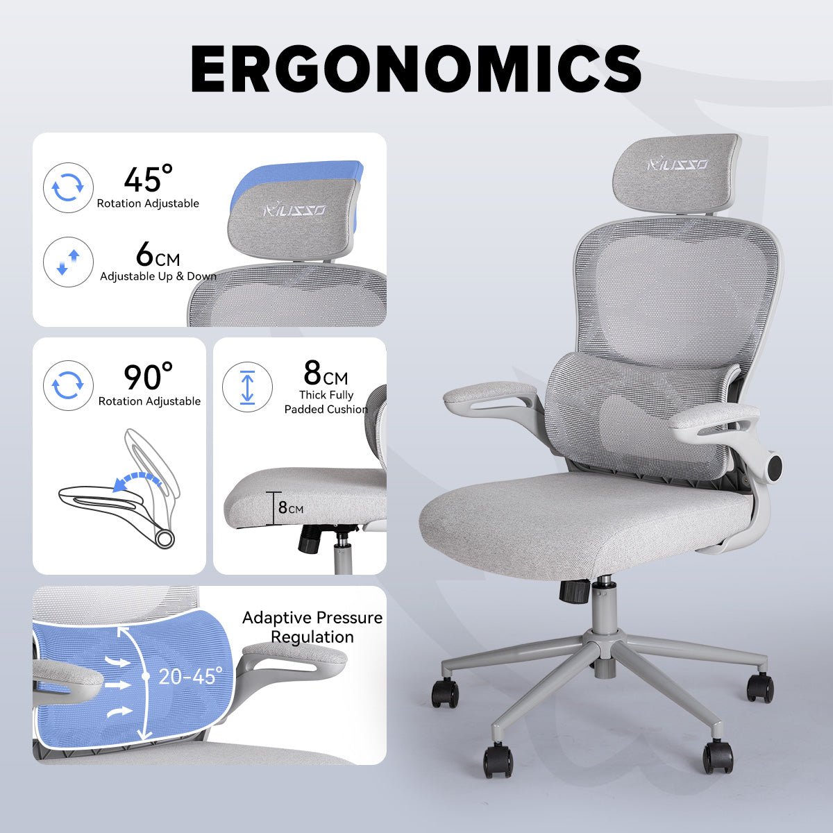 MUSSO C10 Ergonomic Chair 2D Headrest and Flip Armrest Ergonomic Office Chair